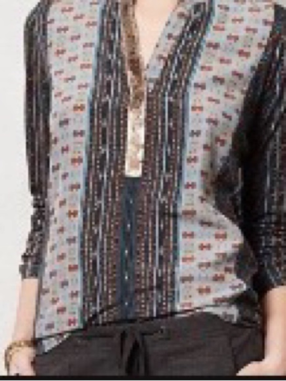 Striped Geo-Print Split-Neck Blouse in Black and Gray